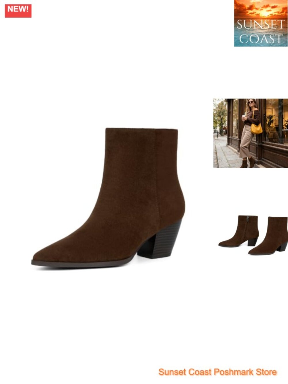Women's Pointed Toe Chunky Heel Ankle Boots Faux Suede Zip